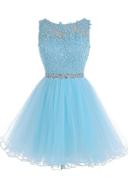 Scoop Short Blue Zipper-up Tulle Prom Homecoming Dresses - Prom Dresses