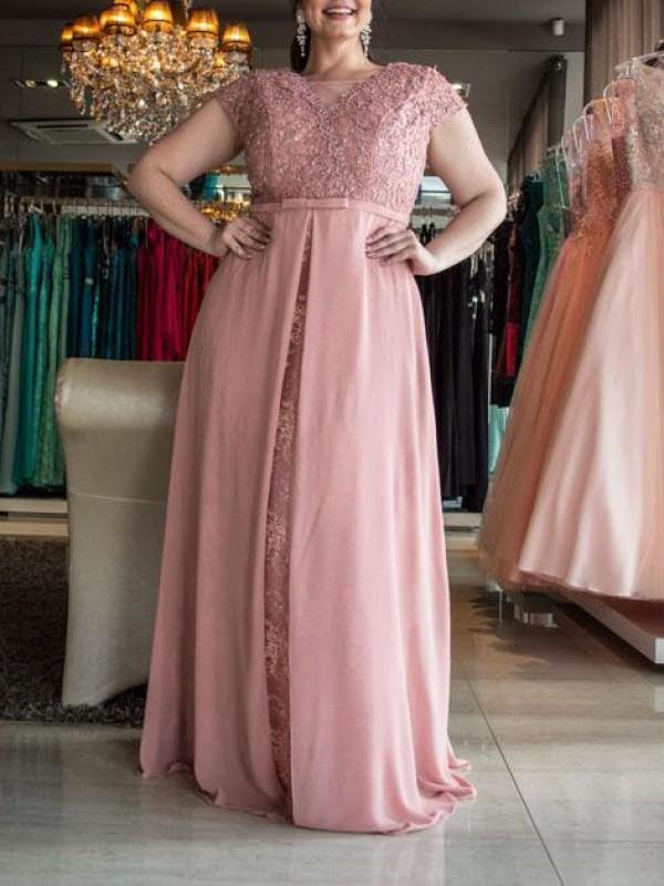 Scoop Short Sleeves With Lace Floor-Length Chiffon Plus Size Dresses - Prom Dresses