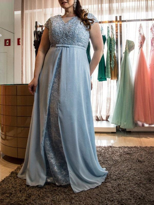Scoop Short Sleeves With Lace Floor-Length Chiffon Plus Size Dresses - Prom Dresses