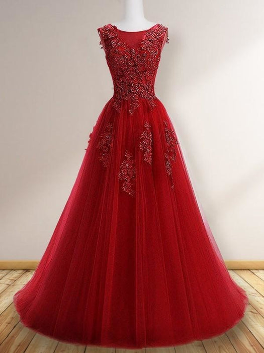 Scoop Sleeveless Floor-Length A-line With Applique Tulle Dresses - Prom Dresses
