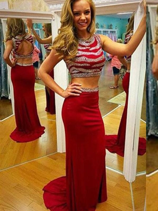 Scoop Sleeveless Sweep/Brush Train With Beading Two Piece Dresses - Prom Dresses