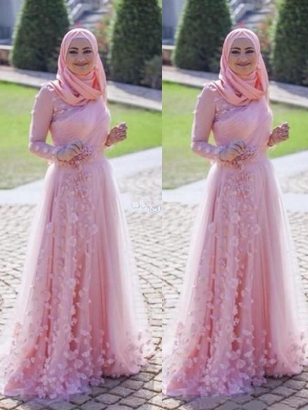 Scoop Sweep/Brush Train With Applique Tulle Muslim Prom Dresses - Prom Dresses