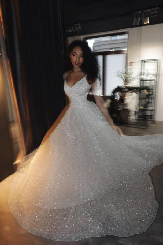 db studio sequin floral a line spaghetti strap wedding dress Timeless Spaghetti Strap A-Line Wedding Dress in Floral Lace and Tulle