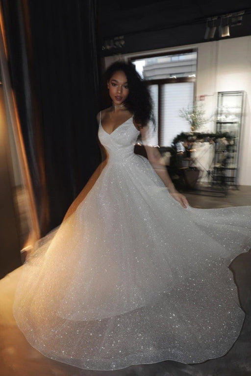 Shiny Sequin A-Line Wedding Dress Spaghetti Strap Backless Gown - Bridelily Shiny Sequin A-Line Wedding Dress Spaghetti Strap Backless Gown - Bridelily