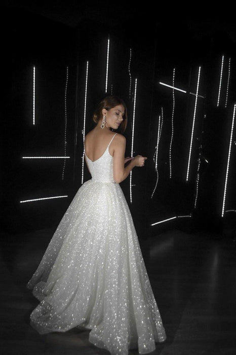 Shiny Sequin A-Line Wedding Dress Spaghetti Strap Backless Gown - Bridelily Shiny Sequin A-Line Wedding Dress Spaghetti Strap Backless Gown - Bridelily