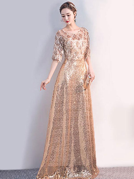 Sequin Party Dress 2021 Half Sleeves Floor Length Zipper Lace Prom Occasion Dresses