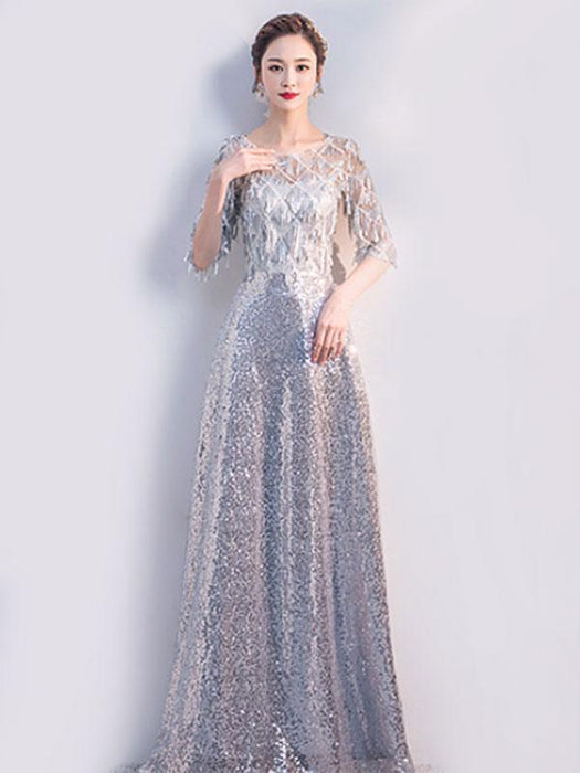 Sequin Party Dress 2021 Half Sleeves Floor Length Zipper Lace Prom Occasion Dresses