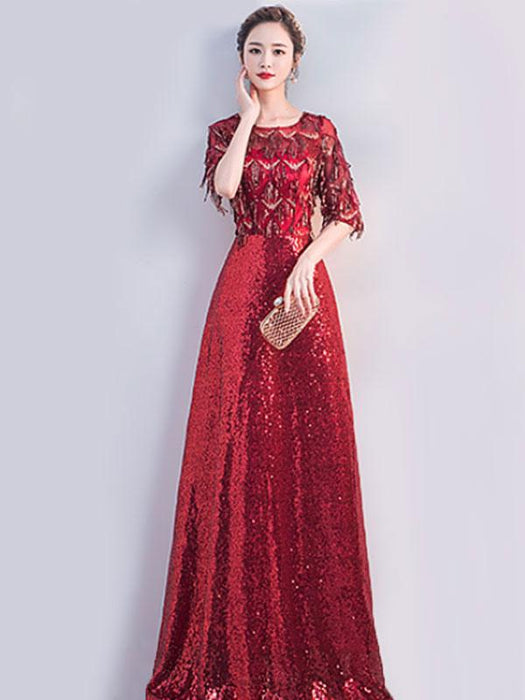 Sequin Party Dress 2021 Half Sleeves Floor Length Zipper Lace Prom Occasion Dresses