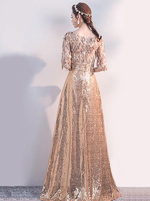 Sequin Party Dress 2021 Half Sleeves Floor Length Zipper Lace Prom Occasion Dresses