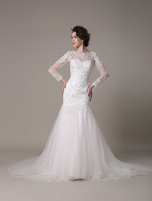 Sequined Wedding Dress Detachable Neckline Lace Applique Mermaid Court Train Bridal Dress misshow