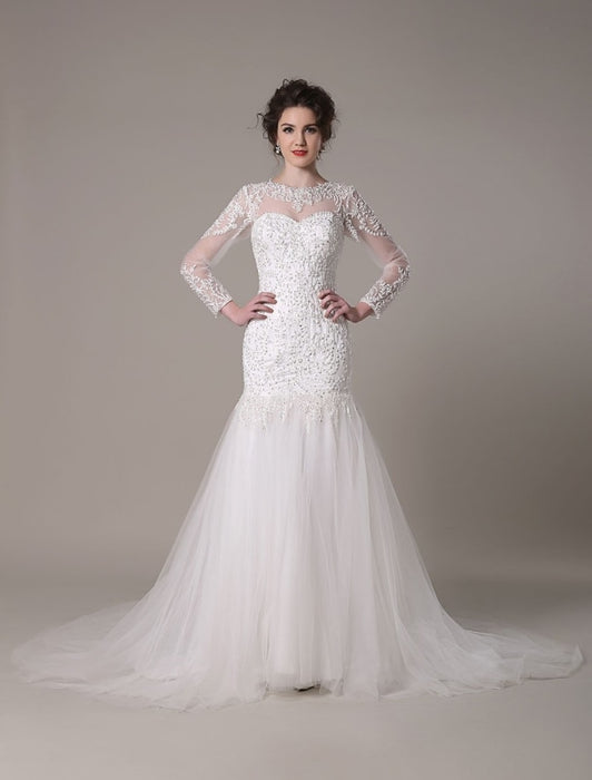 Sequined Wedding Dress Detachable Neckline Lace Applique Mermaid Court Train Bridal Dress misshow