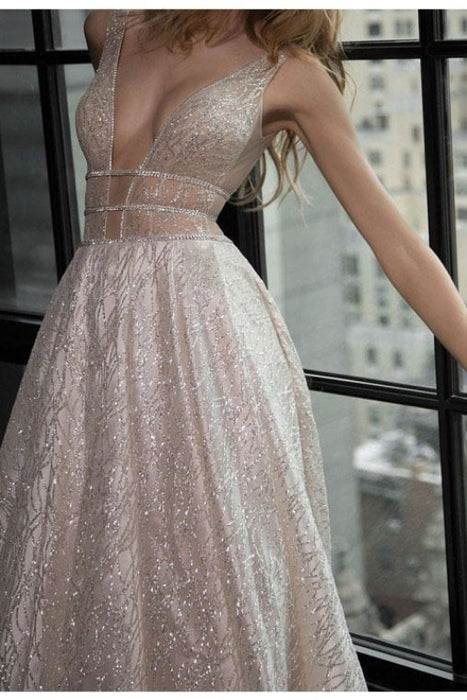Sexy A-Line Deep V-Neck Court Train Backless Prom with Sequins Party Dress - Prom Dresses