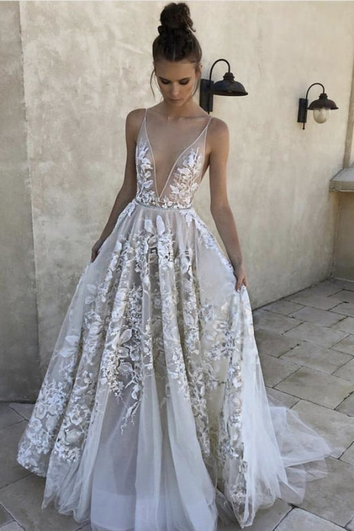 Sexy A Line Deep V-Neck Ivory Tulle Long Prom Dress with Appliques V-Back - Prom Dresses