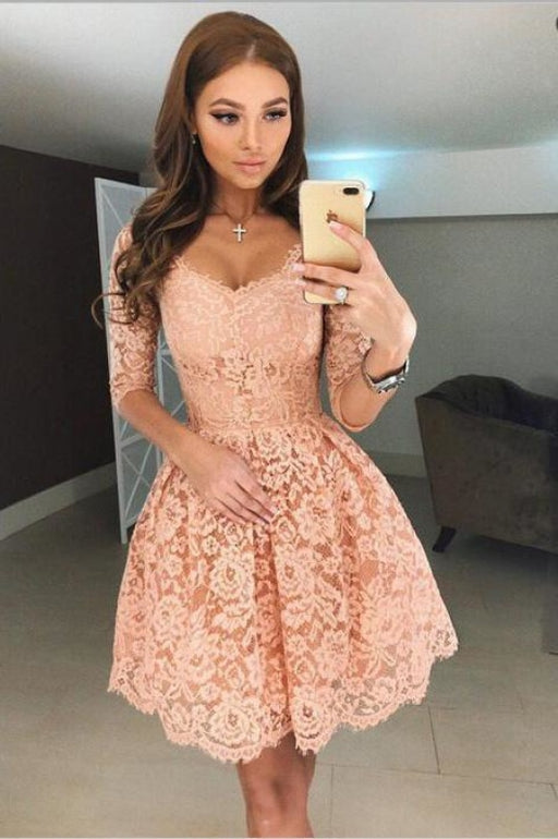 Sexy A-Line Half Sleeves Short Apricot Homecoming Lace Graduation Dress - Prom Dresses
