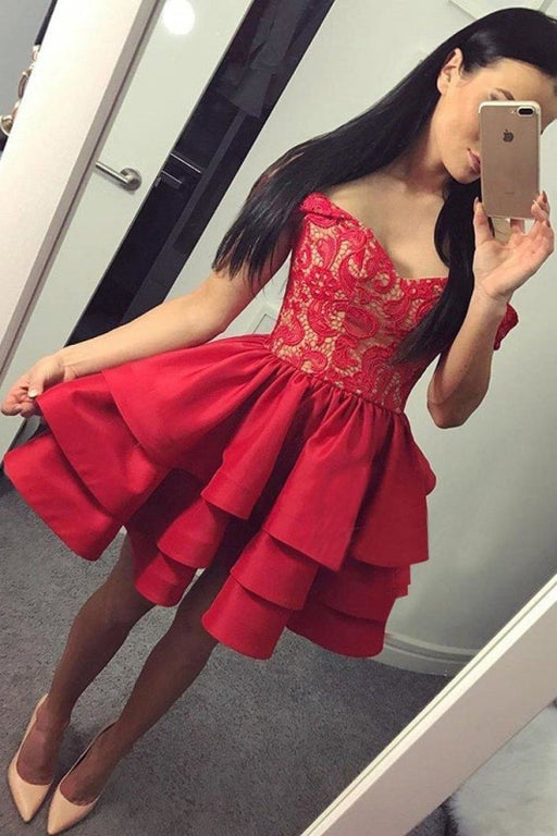 Sexy A-Line Off-The-Shoulder Red Tiered Homecoming With Lace Short Prom Dress - Prom Dresses