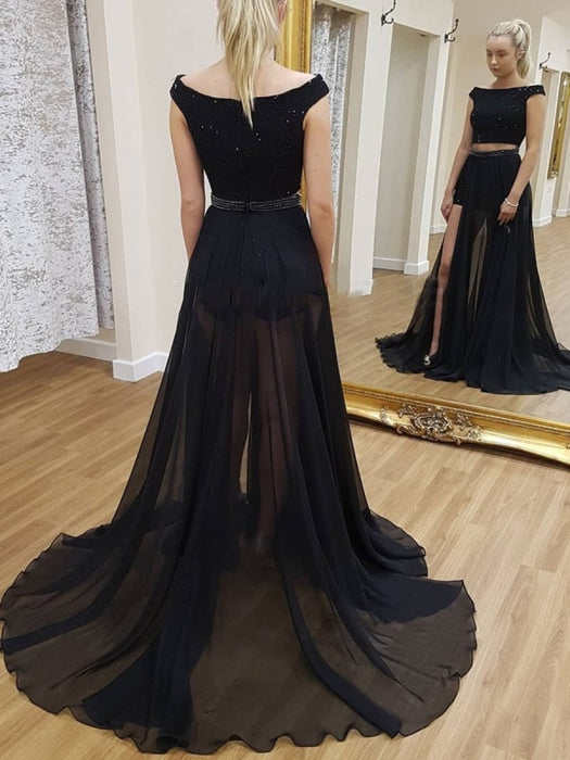 Sexy A Line Round Neck Two Piece Beading Black Prom Dresses, Black Two Piece Formal Dresses, Black Long Evening Dresses