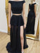 Sexy A Line Round Neck Two Piece Beading Black Prom Dresses, Black Two Piece Formal Dresses, Black Long Evening Dresses