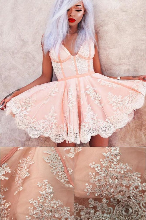 Sexy A-Line Spaghetti Straps Tulle Short Homecoming Dresses with Lace Appliques Mini Dress - Prom Dresses