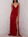 Sexy A Line V Neck Backless Burgundy Long Prom Dresses with High Slit, Burgundy Backless Formal Dresses, Burgundy Evening Dresses