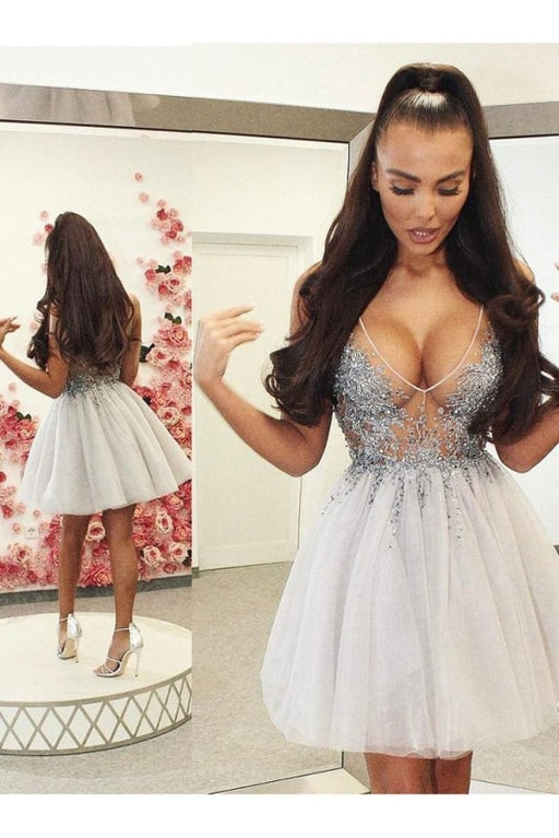 Sexy A-Line V-Neck Short Tulle Homecoming Dress with Beading Cocktail Dresses - Prom Dresses