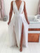 Sexy A Line V Neck White Chiffon Long Prom Dresses with High Slit, V Neck White Formal Dresses, White Graduation Dresses