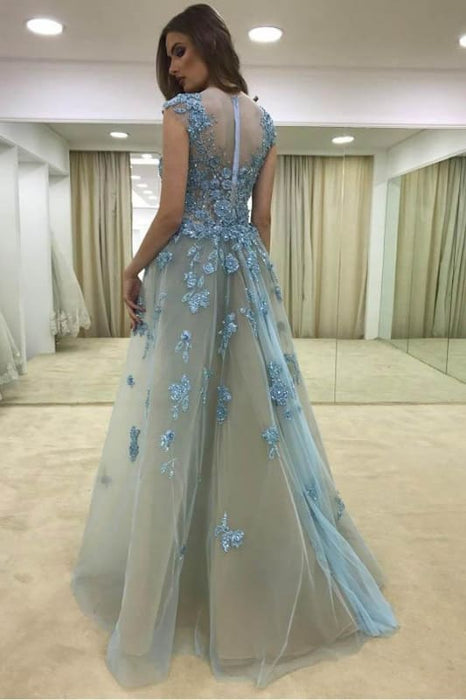 Sexy Appliques Mermaid Cap Sleeve Sheer Neck Long Tulle Evening Dresses Prom Gown - Prom Dresses