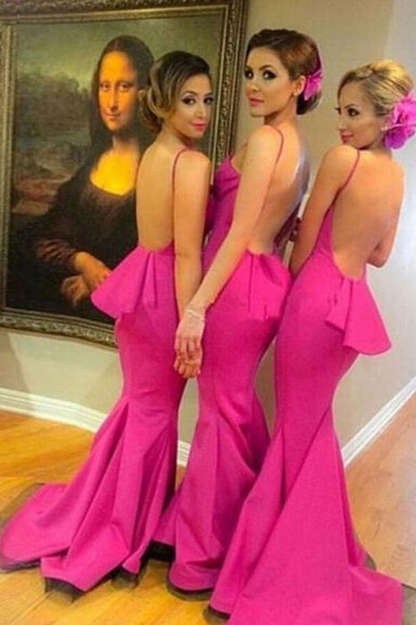 Sexy Backless Fuchsia Mermaid Dresses Unique Straps Bridesmaid Dress - Prom Dresses