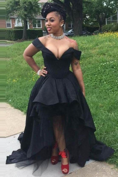 Sexy Black Off the Shoulder V Neck High Low Prom Dresses Party Graduation Gowns - Prom Dresses