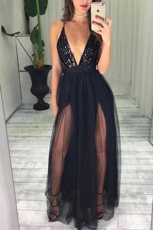 Sexy Black Sequins And Tulle Spaghetti Straps Deep V Neck Simple Long Prom Dress - Prom Dresses