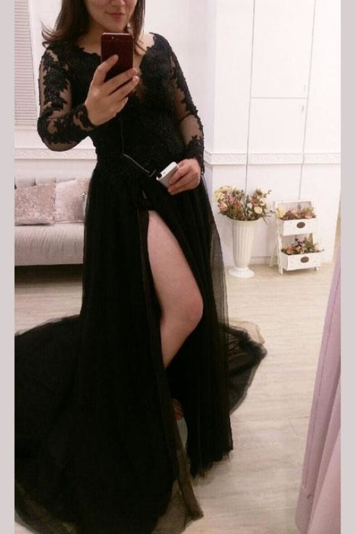 Sexy Black Split Tulle Lace Appliques Long Sleeves Sweep Train Prom Dress - Prom Dresses