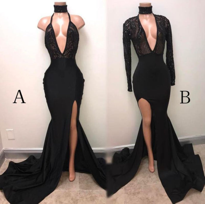 Sexy Black Straps Deep V-neck Mermaid Split Sleeveless Evening Dress with Lace - Prom Dresses