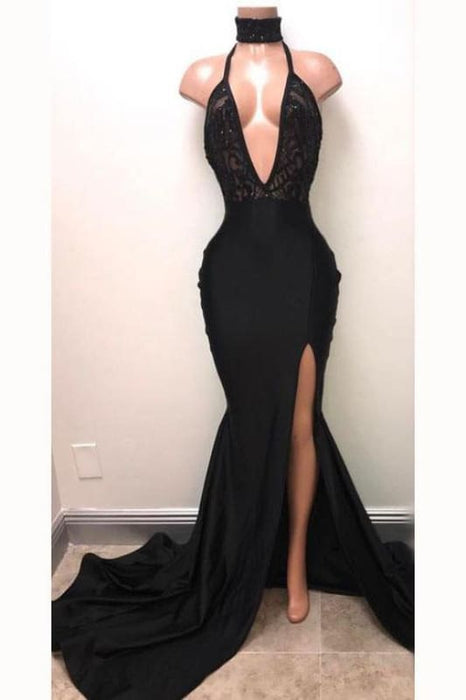 Sexy Black Straps Deep V-neck Mermaid Split Sleeveless Evening Dress with Lace - Prom Dresses