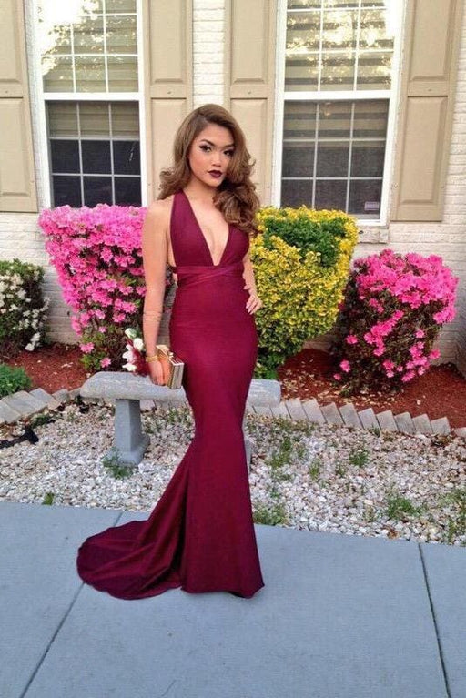 Sexy Burgundy Mermaid Deep V-neck Sleeveless Criss-Cross Straps Prom Dresses - Prom Dresses