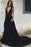 Sexy Deep V Neck Black Evening Dress Simple Ruched Prom Dresses with Train - Prom Dresses