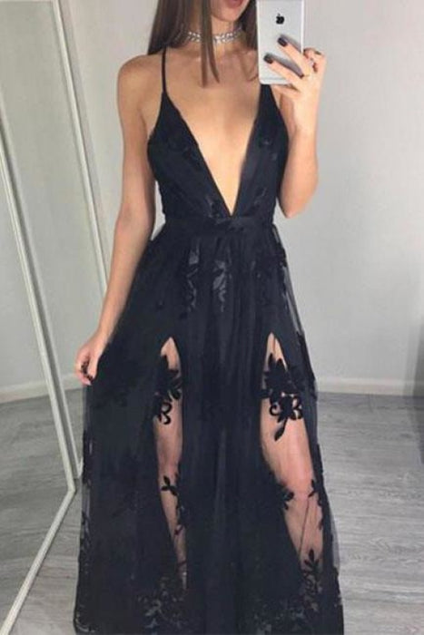 Sexy Deep V neck Black Lace Prom Spaghetti Straps Floor-Length Evening Dress - Prom Dresses
