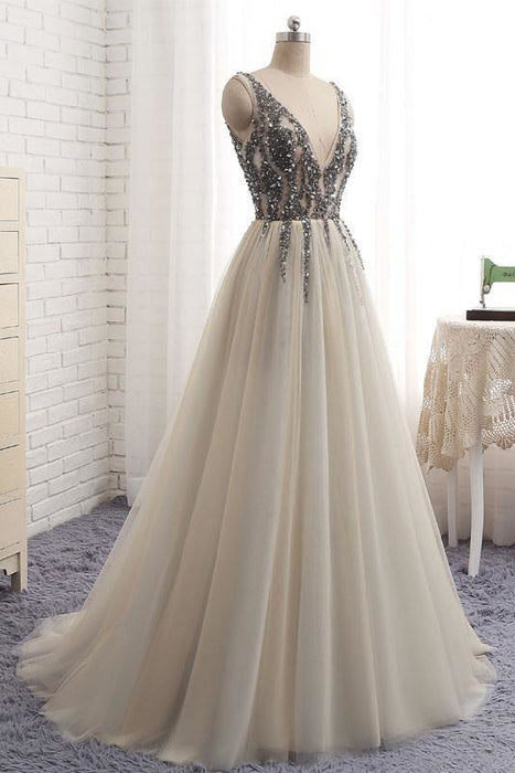 Sexy Deep V-neck Bling Sleeveless Tulle Prom Dress with Sequins Formal Dresses - Prom Dresses