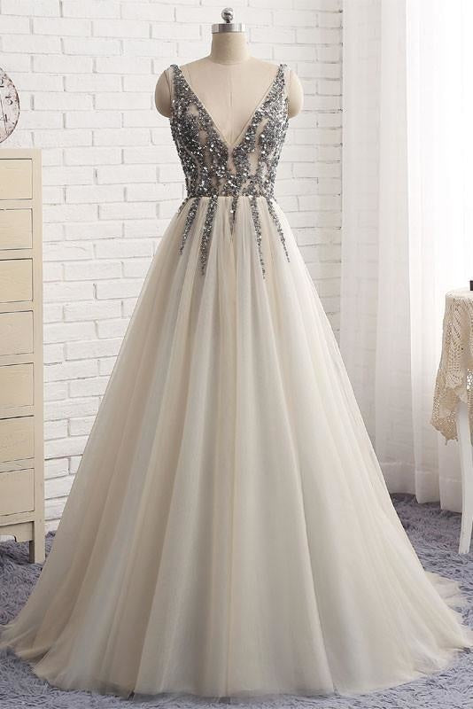 Sexy Deep V-neck Bling Sleeveless Tulle Prom Dress with Sequins Formal Dresses - Prom Dresses