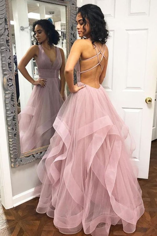 Sexy Deep V Neck Ruffled Prom with Criss Cross Back Long Party Dress - Prom Dresses