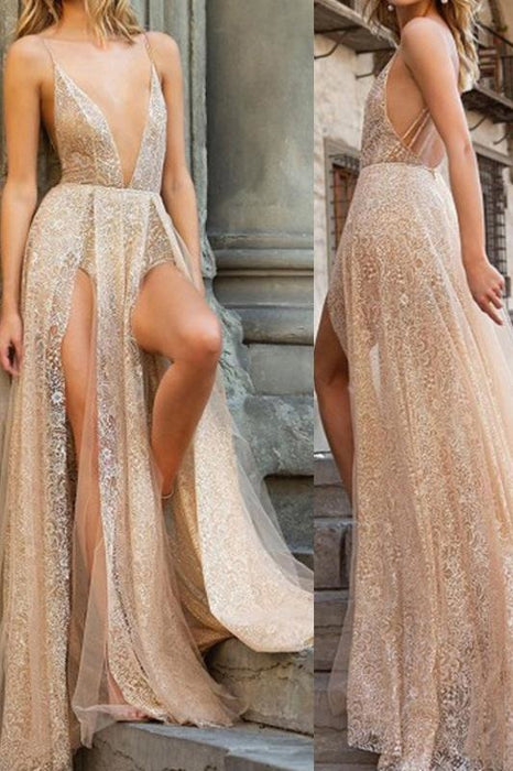 Sexy Deep V Neck Tulle Lace Prom Dress Spaghetti Straps Side Slit Backless Evening Dresses - Prom Dresses