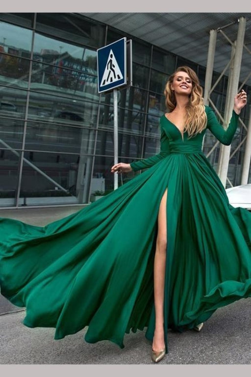 Sexy Green Deep V Neck Long Sleeves Floor-length Prom Dresses Leg Split Evening Gowns - Prom Dresses