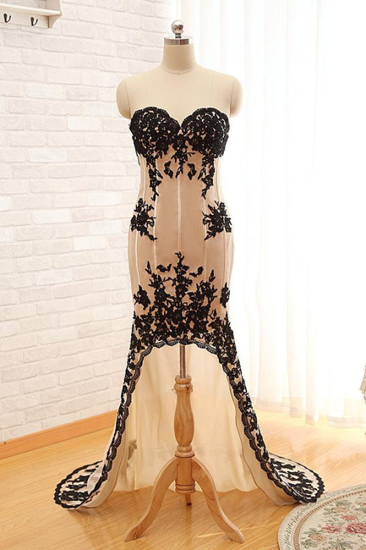 Sexy High Low Black Lace Black Long Prom Dresses 2021