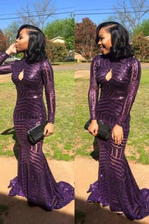 Sexy High-Neck Sequins Prom Dress Mermaid Keyhole Long-Sleeve - Prom Dresses