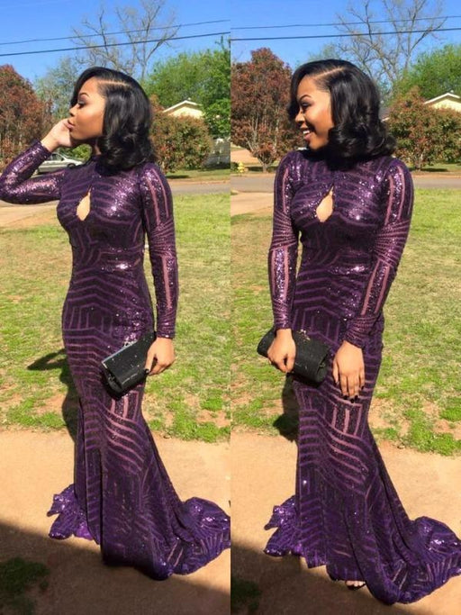 Sexy High-Neck Sequins Prom Dress Mermaid Keyhole Long-Sleeve - Prom Dresses