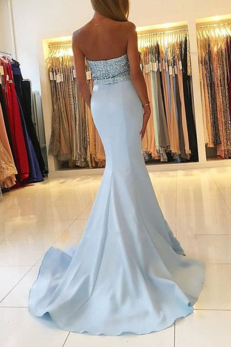 Sexy Light Blue Beading Strapless Long Prom Dresses Sparkle Mermaid Party Gown - Prom Dresses