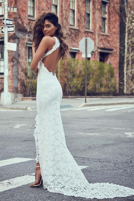 Lace Mermaid Wedding Dress Backless Bridal Gown-Bridelily Lace Mermaid Wedding Dress Backless Bridal Gown-Bridelily