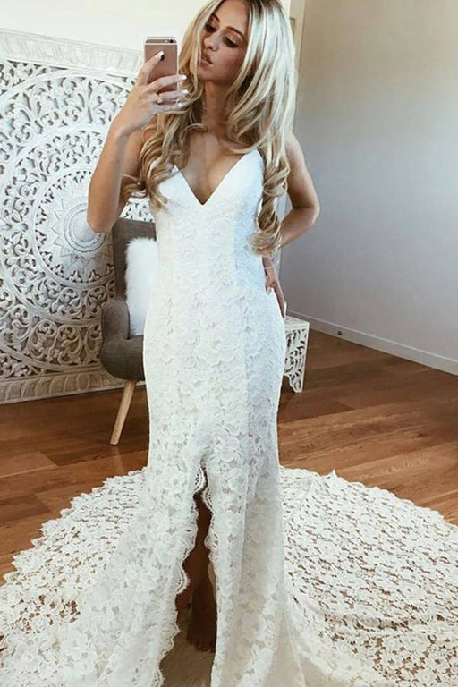 Sexy Mermaid Spaghetti Straps Backless Beach Lace Wedding Dress - Wedding Dresses