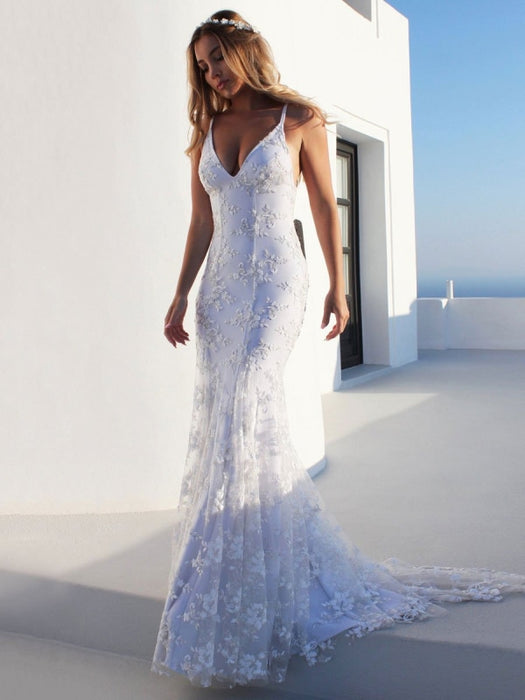 Sexy Mermaid Wedding Dress White V-Neck Backless Lace Bridal Dresses
