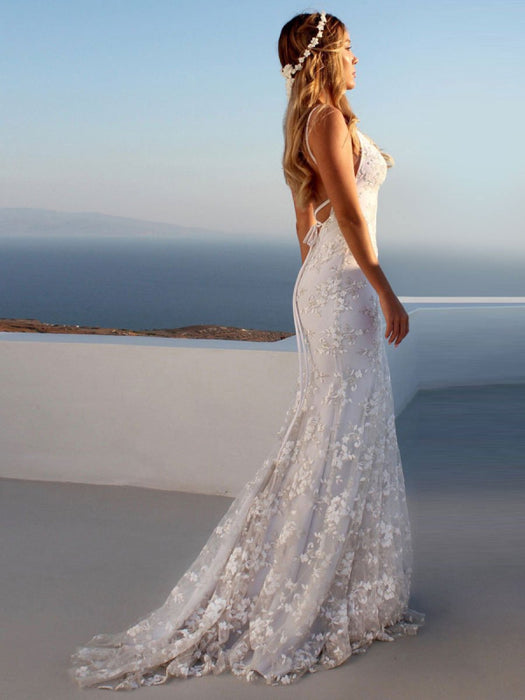 Sexy Mermaid Wedding Dress White V-Neck Backless -Bridelily Sexy Mermaid Wedding Dress White V-Neck Backless -Bridelily