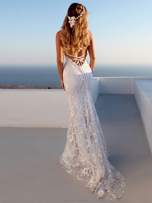 Sexy Mermaid Wedding Dress White V-Neck Backless -Bridelily Sexy Mermaid Wedding Dress White V-Neck Backless -Bridelily