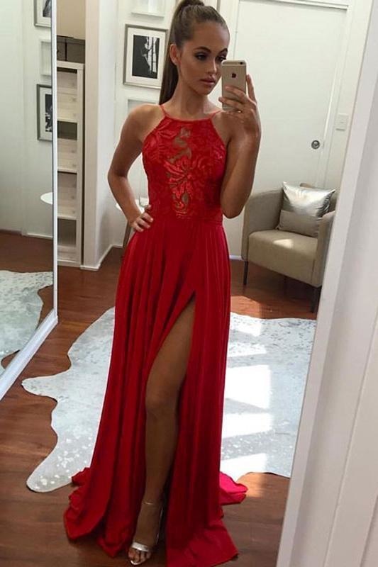 Sexy Red Straps Split-Front Sleeveless Chiffon Prom Dress Long Evening Gown - Prom Dresses